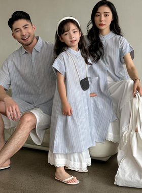 高端亲子装夏季一家三口衬衫条纹全家装短袖衬衣母女中长款裙子潮