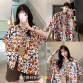花衬衫 海边一家三口母子母女装 复古短袖 新款 海边潮 2025夏季 亲子装