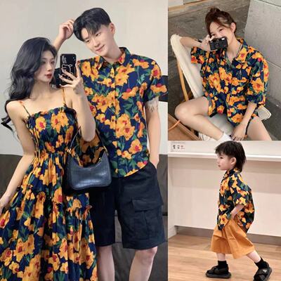 港风亲子装夏威夷复古短袖花衬衫2025夏季炸街一家三口母子母女装