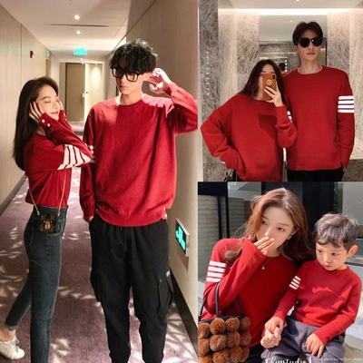 过年亲子装一家三口婴儿秋冬季龙年拜年服高端全家福拍照红色毛衣