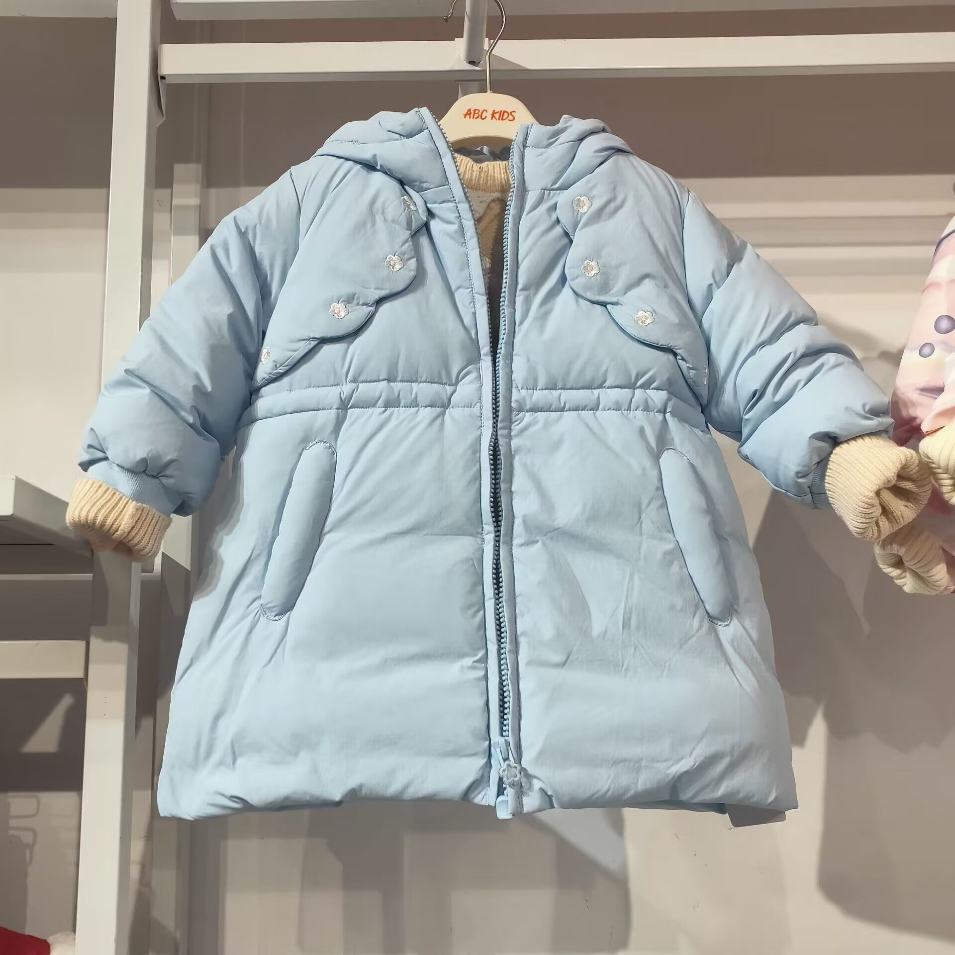 专柜同款Abckids女童中长款羽绒服蓝色连帽休闲外套85%鸭绒