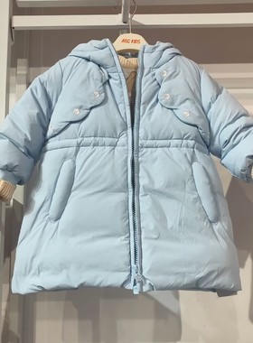 专柜同款Abckids女童中长款羽绒服蓝色连帽休闲外套85%鸭绒