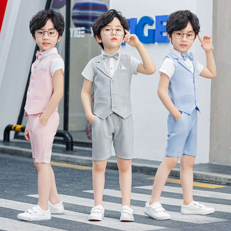 夏季新款男童套装西服宝宝纯格子儿童礼服