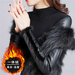 毛衣 女冬加厚一体绒搭皮草羽绒马甲洋气内搭棉袖 水貂毛皮袖 打底衫