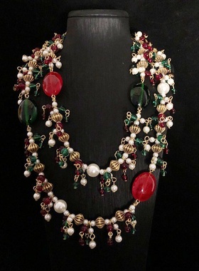 多层串珠毛衣链中古琉璃珠项链耳环套装夸张复古长款流苏耳坠配饰