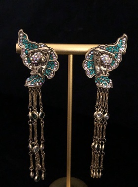 西洋中古Vintage铜镶嵌满镶密锆莱茵石蝴蝶精灵流苏款耳环复古中