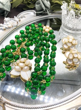 复古春夏款清新琉璃串珠毛衣链白色珐琅釉花朵项链耳钉耳夹套装女