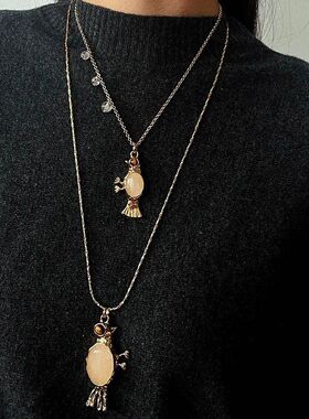 欧美复古白水晶小鸟吊坠金属链条