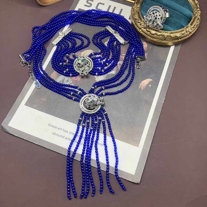 复古铜材质立体豹子设计多层蓝色琉璃珠串珠项链手链戒指百搭套装