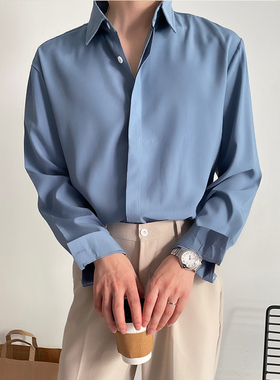 高级感免烫垂感丝滑休闲纯色长袖韩版宽松轻熟方领冰丝雪纺衬衫男