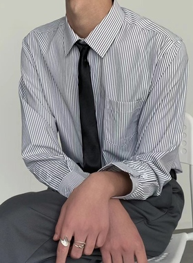 春季新款韩国经典复古条纹修身方领职业衬衫百搭免烫男士商务衬衣
