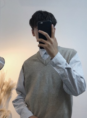 韩版chic风简约春秋男士纯色针织背心毛衣马甲复古学院风男女款