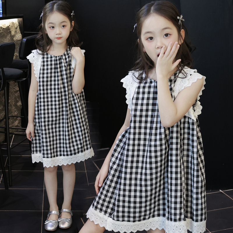 女童连衣裙夏季2025新款洋气儿童黑白格子裙子女孩飞袖休闲背心裙
