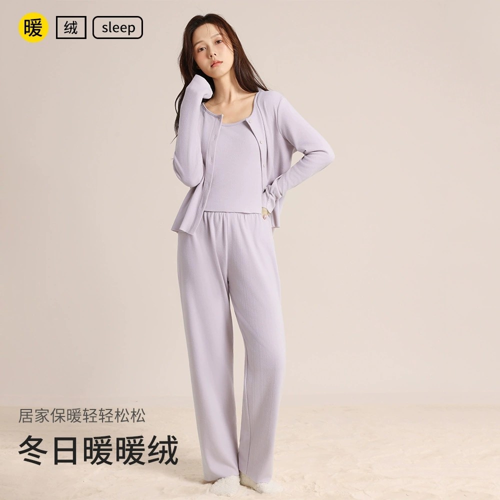 5A抗菌德绒睡衣女秋冬季2026年新款牛奶绒磨毛保暖家居服薄绒套装