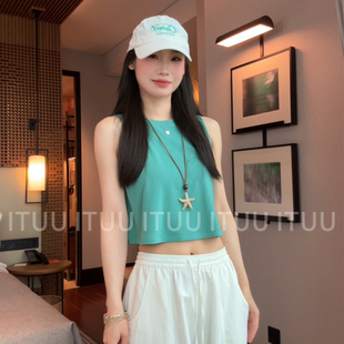ITUU松石绿无袖背心女夏天辣妹宽松A字版型短款上衣2026夏季新款