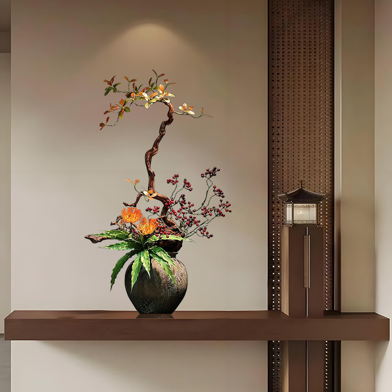 中古侘寂风陶瓷花瓶仿真插花酒店民宿会所玄关装饰新中式花艺摆件