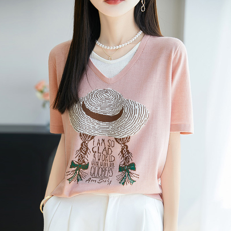 夏季新款宽松V领假两件帽子提花短袖t恤女冰丝针织衫上衣胖mm大码