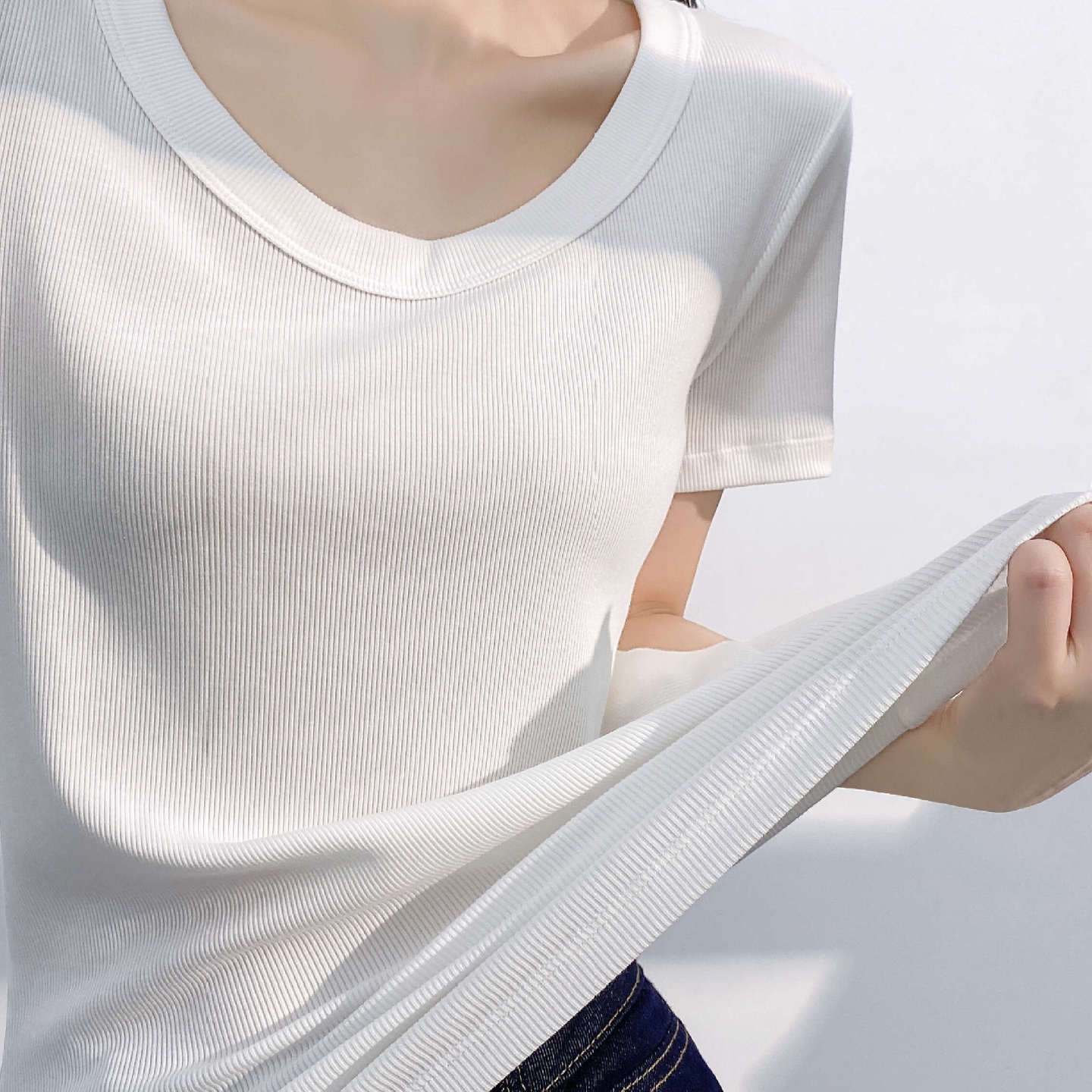 凉感女士短袖T恤爆款打底衫夏季大U领打底上衣大码高弹圆领t恤女