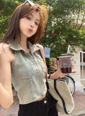 辣妹设计感polo领露背牛仔背心夏季韩系修身短款挂脖吊带上衣女潮