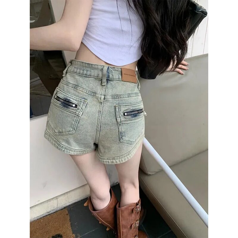 复古拉链牛仔短裤女夏季2023新款高腰显瘦辣妹设计感小众百搭热裤
