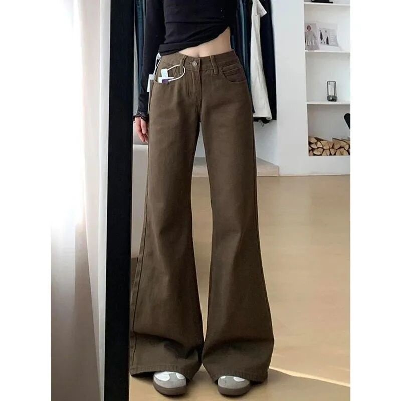 美式做旧微喇叭马蹄牛仔裤女春季新款辣妹低腰显瘦宽松直筒拖地裤