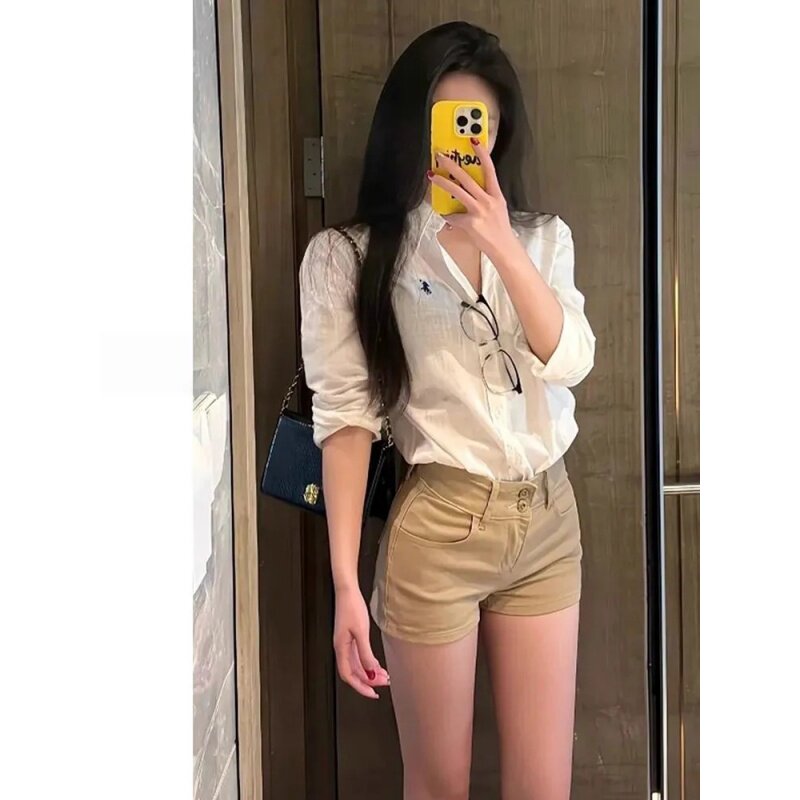 卡其色牛仔短裤女夏季新款高腰紧身美式辣妹包臀显瘦百搭a字热裤