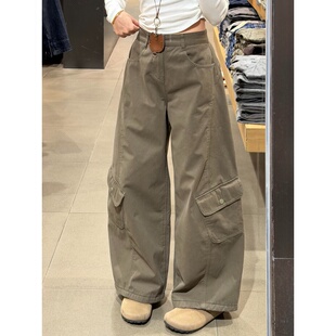 复古灰绿色设计感阔腿工装牛仔裤女秋季新款宽松显瘦休闲拖地裤子