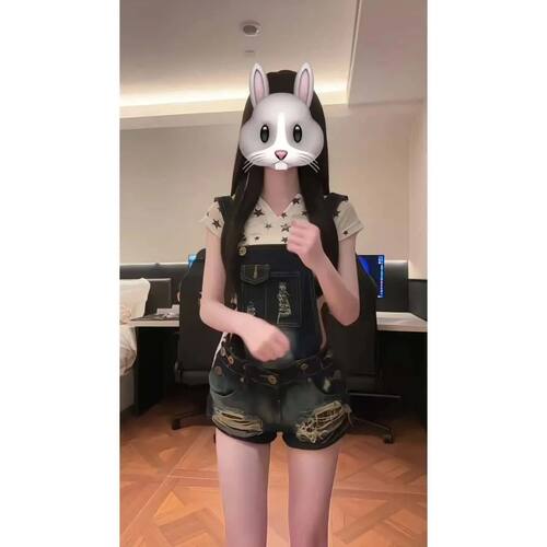 2025年夏季美式复古新款辣妹水洗背带破洞牛仔复古背带裤连体短裤