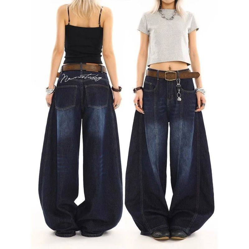 深蓝色弯刀牛仔裤女美式复古vintage水洗做旧宽松阔腿拖地裤子潮,女装/女士精品,牛仔裤,淘宝优惠券,粉丝福利购,淘宝优惠卷