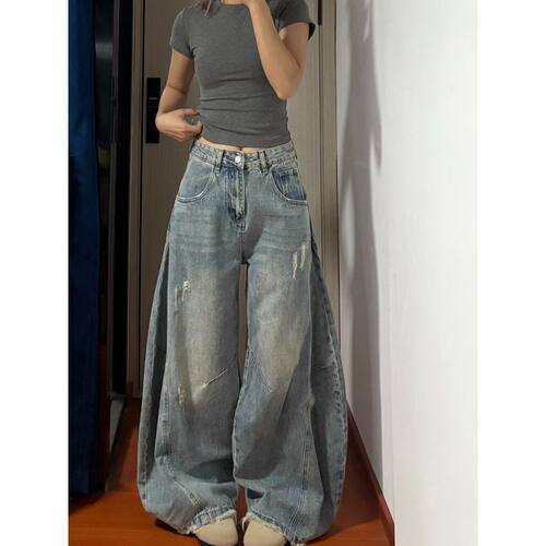 美式复古破洞阔腿弯刀设计感牛仔裤女夏季新款宽松显瘦拖地阔腿裤