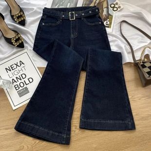 显瘦百搭马蹄长裤 美式 高腰修身 女新款 复古水洗深蓝色微喇叭牛仔裤