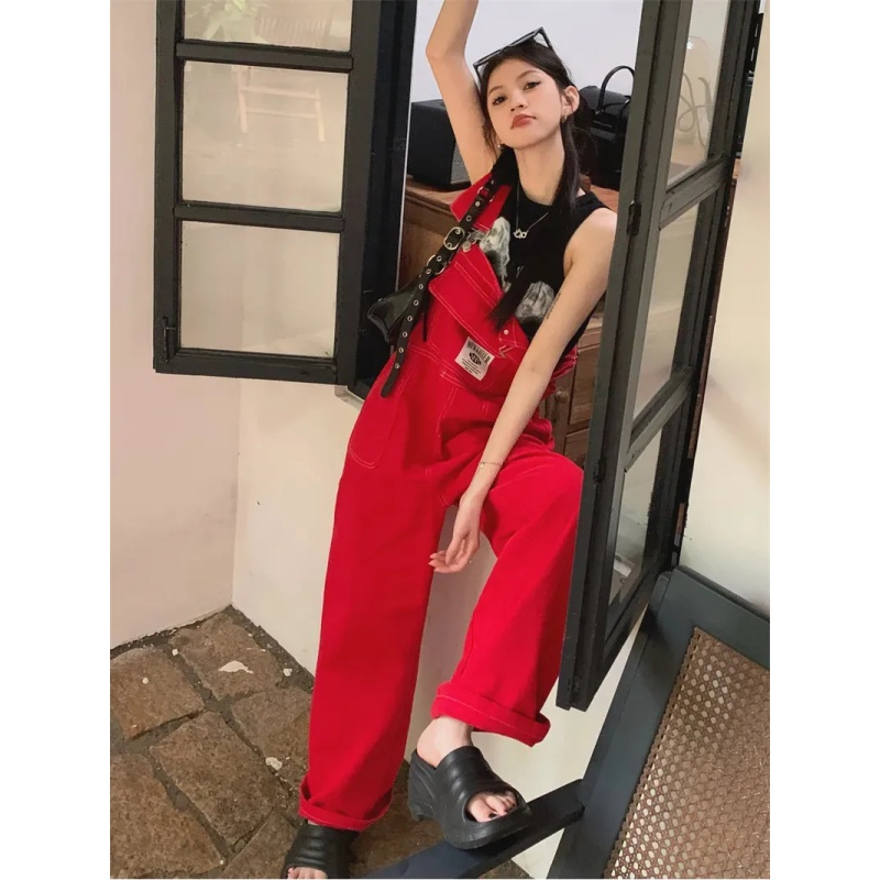 美式牛仔背带裤春秋季女裤宽松复古红色小众设计感ins潮流直筒裤