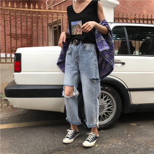 破洞牛仔裤女春2023新款韩版宽松大码胖mm高腰学生九分显瘦哈伦裤