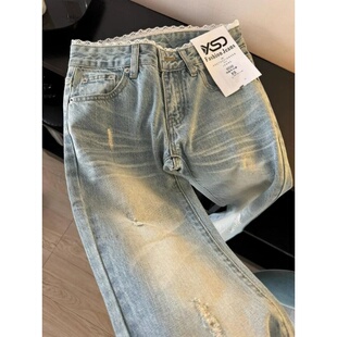 蕾丝拼接百搭显瘦复古拖地裤 水洗蓝美式 新款 女2026春季 微喇牛仔裤