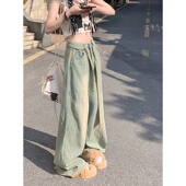 高腰宽松显瘦直筒拖地裤 新款 子 女夏季 复古做旧绑带毛边阔腿牛仔裤