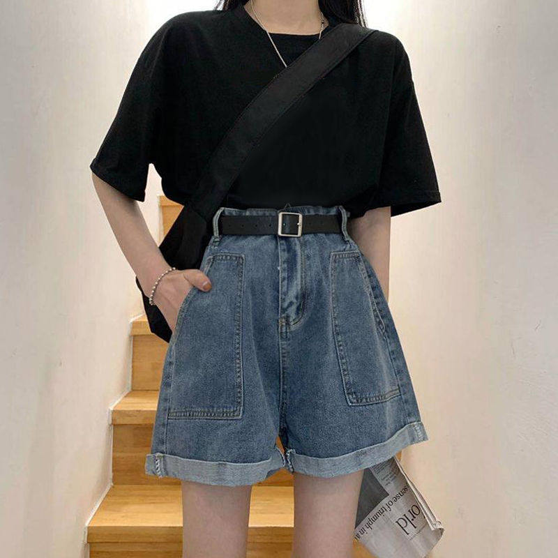 SUMMER KOREAN VERSION INS RETRO HIGH-WAISTED ROLLED DENIM SHORTS WOMENS LOOSE AND VERSATILE THIN A-LINE WIDE-LEG PANTS HOT PANTS TREND