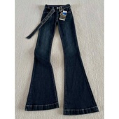 复古2025年秋季 子女款 新款 显瘦拖地裤 低腰修身 深蓝色微喇叭牛仔裤