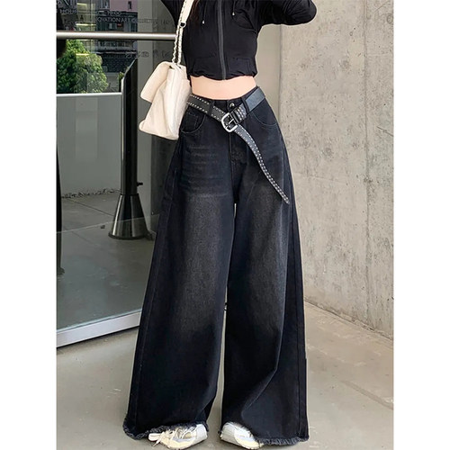 美式复古黑色阔腿牛仔裤女2025春季高腰宽松显瘦垂感毛边拖地长裤