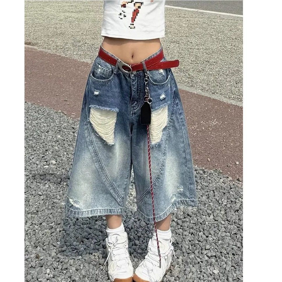 美式设计渐变牛仔裤牛仔短裤复古水洗宽松直筒破洞中裤阔腿七分裤,女装/女士精品,牛仔裤,淘宝优惠券,粉丝福利购,淘宝优惠卷