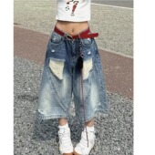 设计渐变牛仔裤 牛仔短裤 复古水洗宽松直筒破洞中裤 美式 阔腿七分裤