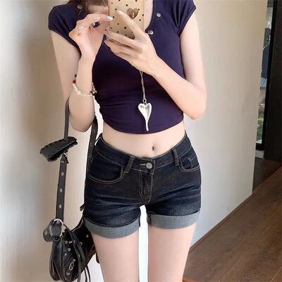 腰辣妹显瘦百搭深蓝色弹力设计