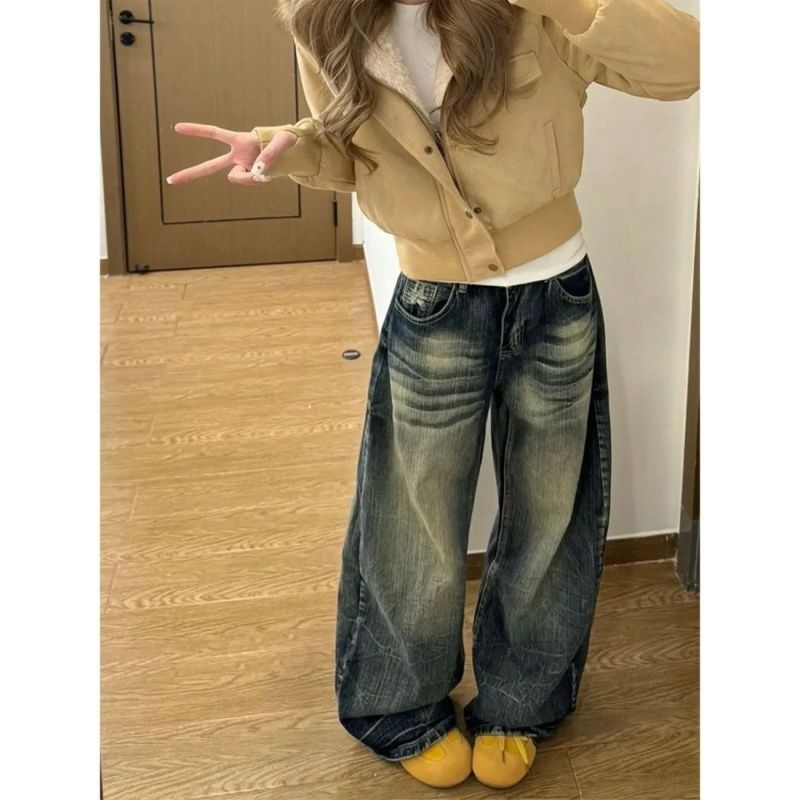 美式复古高街水洗弯刀牛仔裤女高街时尚夏季新款宽松显瘦拖地阔腿