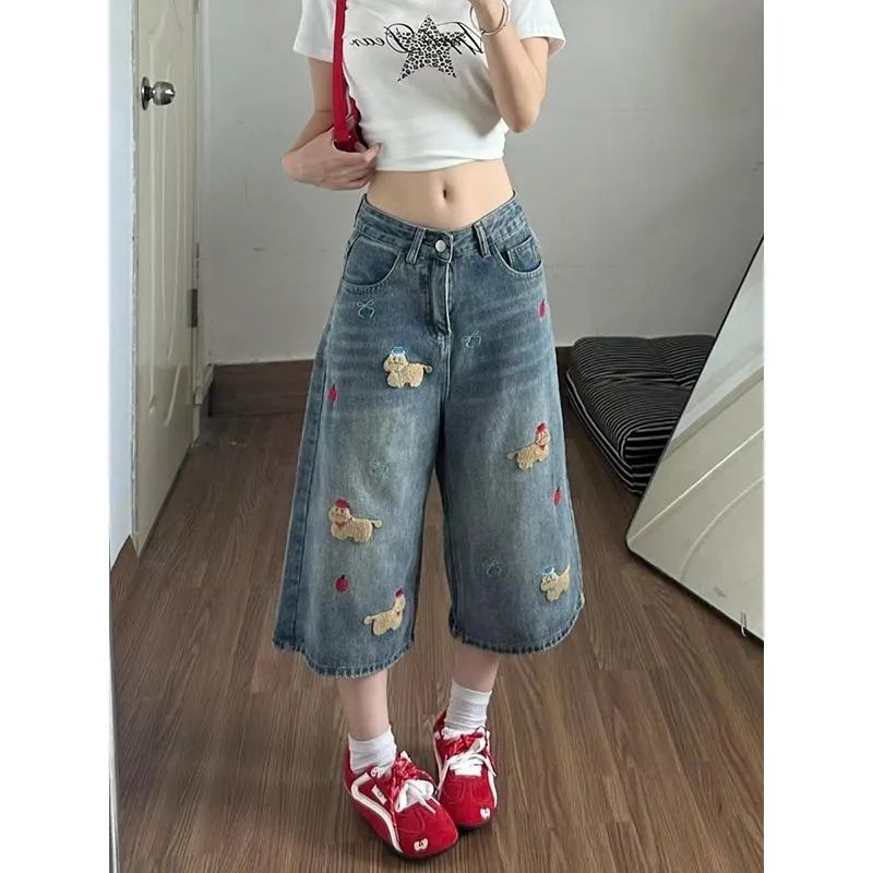 个性卡通水洗植绒小狗刺绣牛仔七分裤时尚夏季百搭高腰宽松阔腿裤