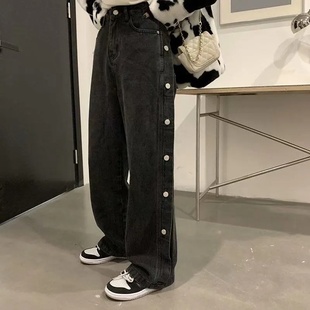 设计感牛仔裤女高腰显瘦春秋新款ulzzang裤子直筒宽松黑色阔腿裤