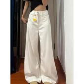 潮款 2025年白色高腰阔腿牛仔裤 宽松显瘦垂感直筒拖地裤 新款 女春季
