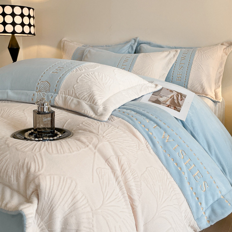 恒源祥A类雕花牛奶绒拼接绣花款秋冬家用保暖床单被套双人四件套