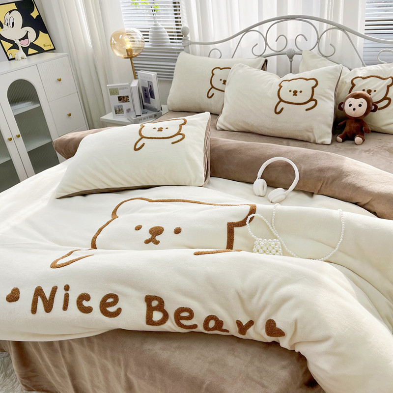 恒源祥2024新款毛巾绣高克重牛奶绒四件套秋冬床单款床笠款件套