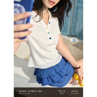 阔色蓝色气质短款上衣女2026夏季新款设计感白色短袖修身显瘦t恤
