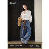 牛仔裤 女2025秋冬季 新款 阔色蓝色复古直筒阔腿裤 蕾丝宽松显瘦裤 子