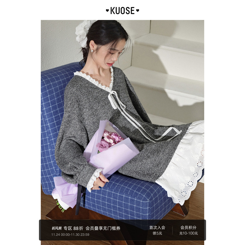 灰色假两件拼接长袖连衣裙